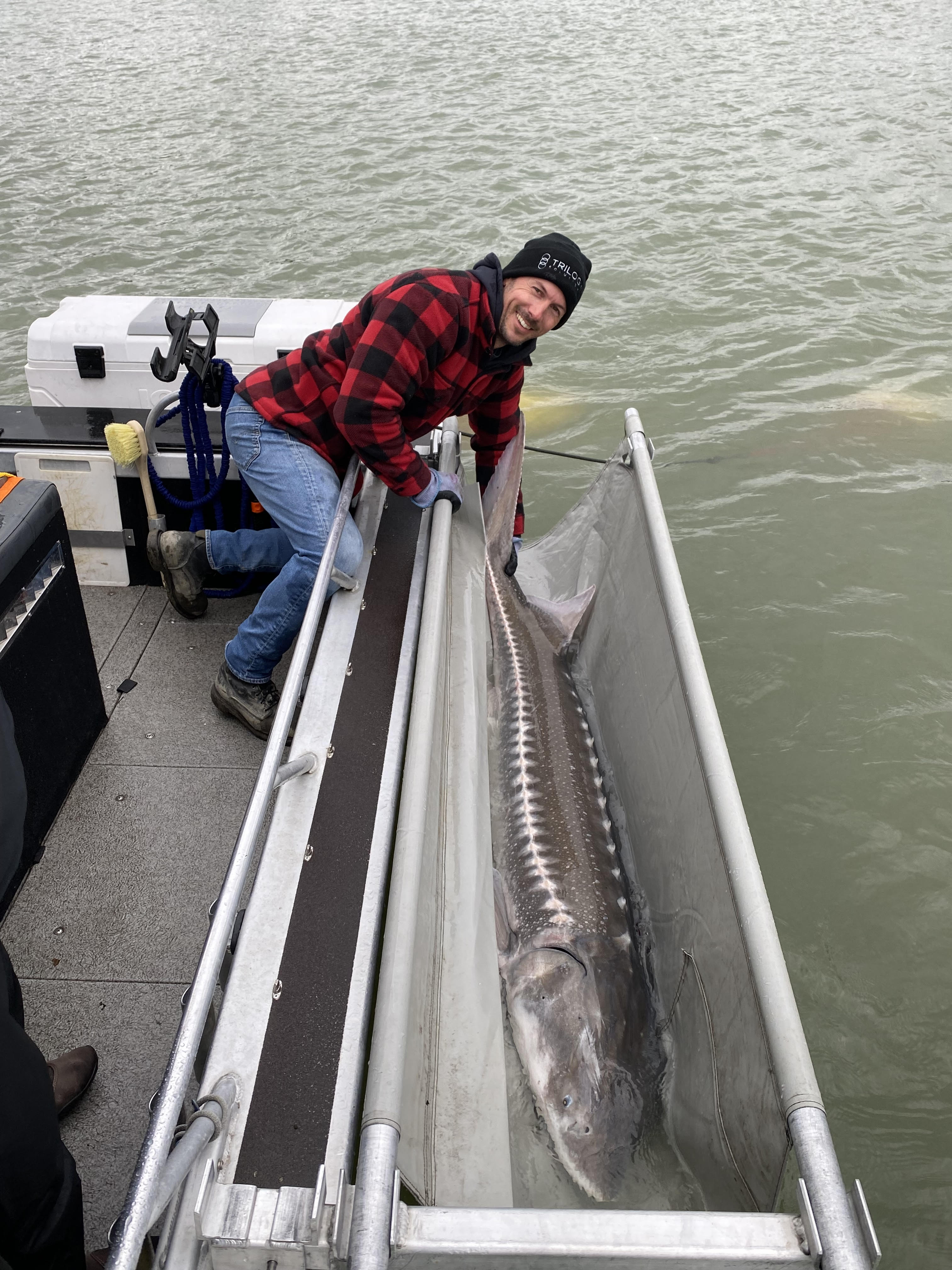 a man on a fishing boat next to sturgeon